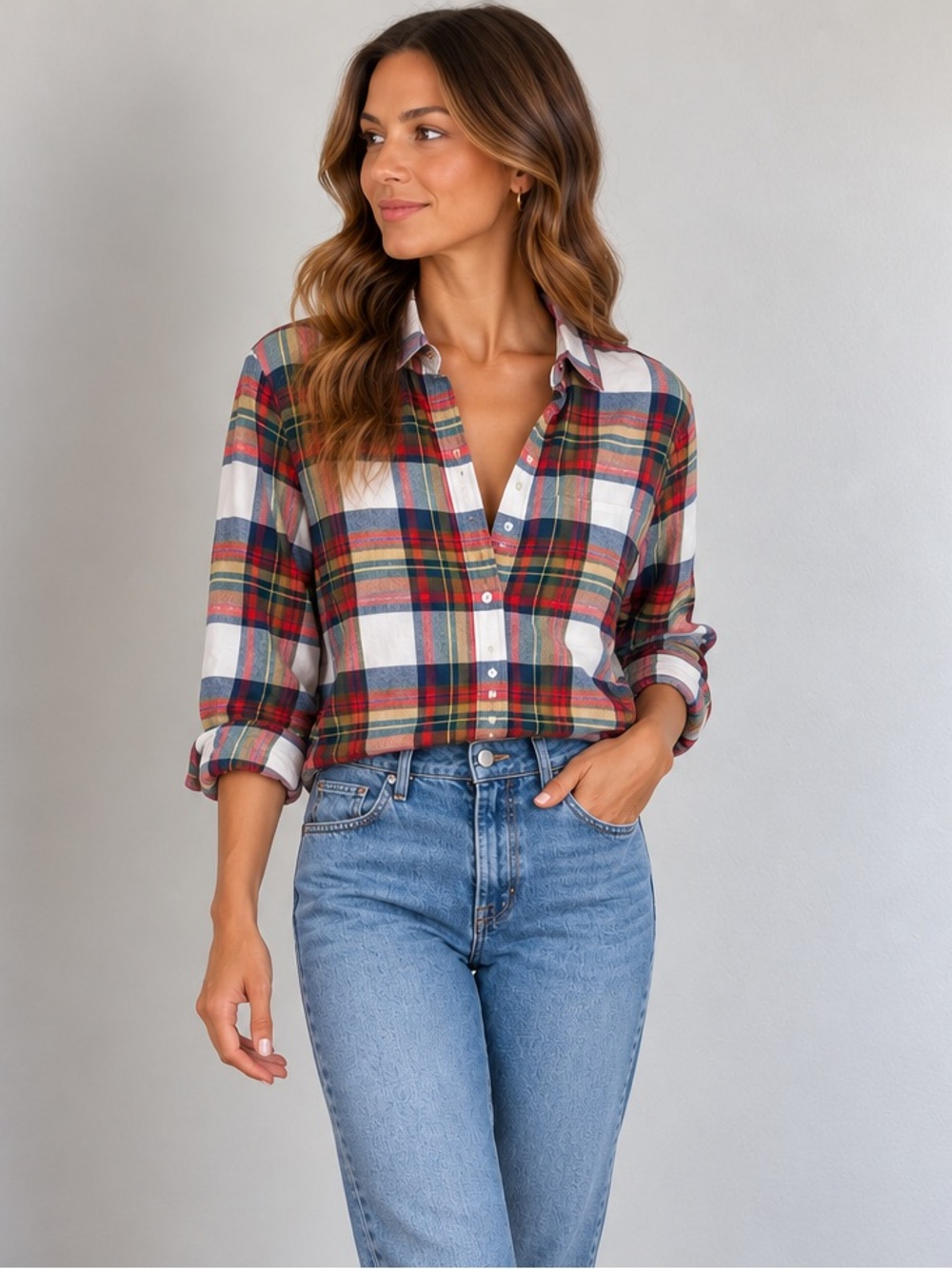 J. Crew Res White Tartan Plaid Long Sleeve Button Down Flannel Shirt size Medium